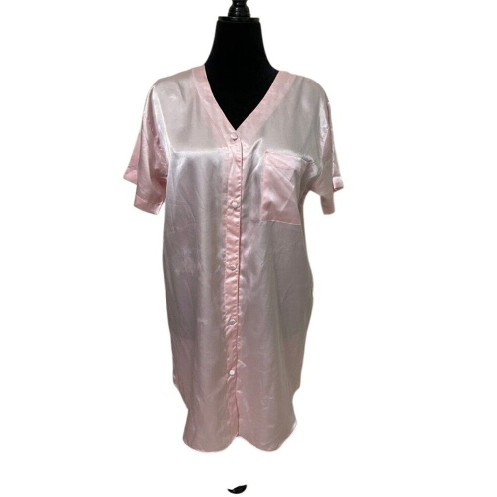 Winlar Pink Satin Nightgown Medium Vintage Button Front Sleep Shirt Pocket
